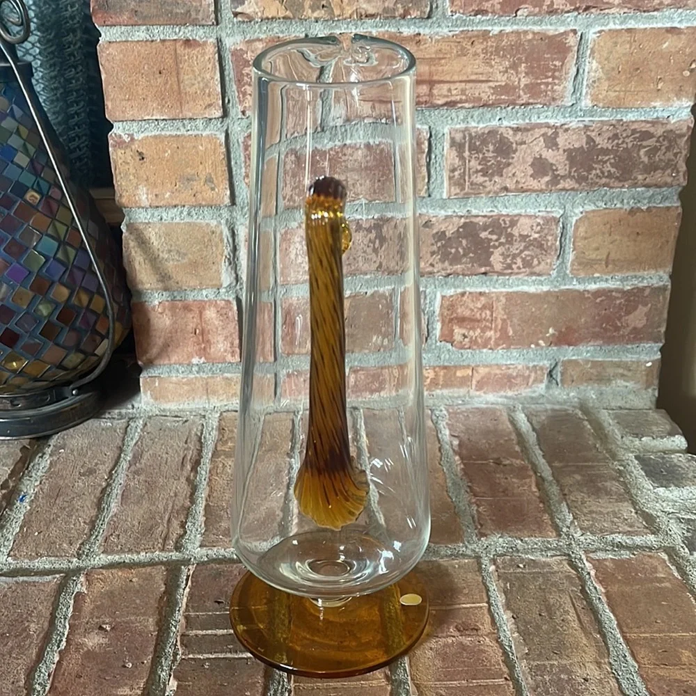 Stunning MCM Mid-Century Tall Pitcher w/ Amber Applied Glass Handle & 4 Glasses